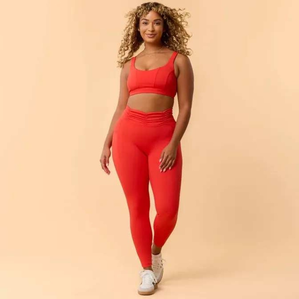 Blogilates Rouched Waist Leggings Red High Waisted Pockets Squat Proof NWT 2X - Picture 4 of 4